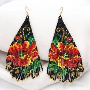 Red Hibiscus Beaded Fringe Earrings Tropical Boho Vacation Statement Jewelry